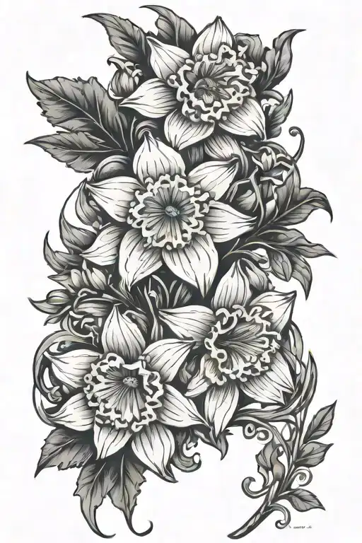 crysanthemums poppys narcissus and daffodil vine intertwined tattoo design idea