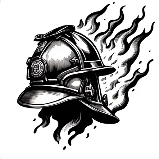 Firefighter helmet engulfed in flames tattoo design idea