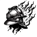 Firefighter helmet engulfed in flames tattoo design idea