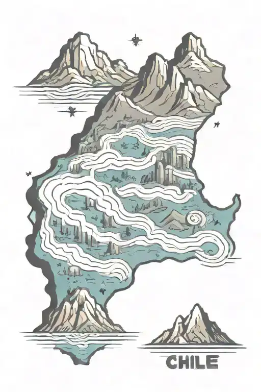 chile map, condor, moai, mountains tattoo design idea