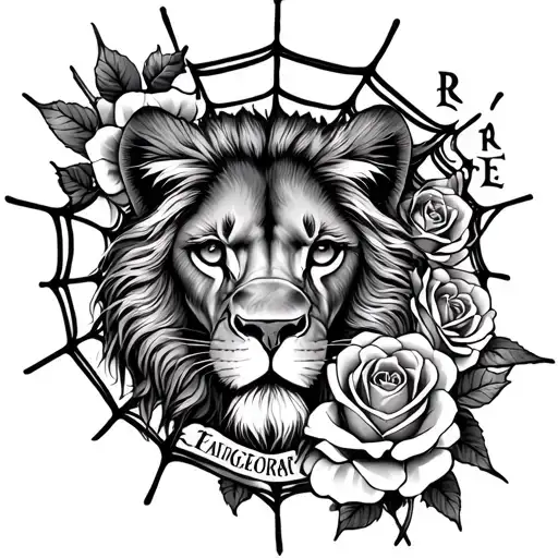 full sleeve tattoo shoulder spider web with spider and roses around it lower arm a lion eyes with fur and the word rare  tattoo design idea
