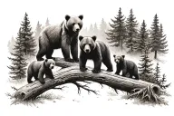 two parent bears and 3 cubs in forest add 3rd cub on right, same direction, on log  tattoo design idea