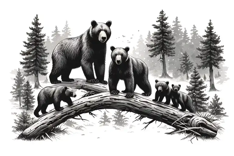 two parent bears and 3 cubs in forest add 3rd cub on right, same direction, on log  tattoo design idea