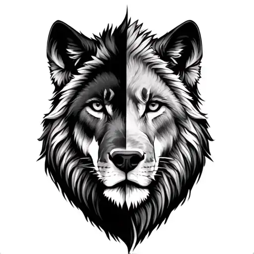 half the face of a wolf and half the face of a lion and behind each one its habitat tattoo design idea