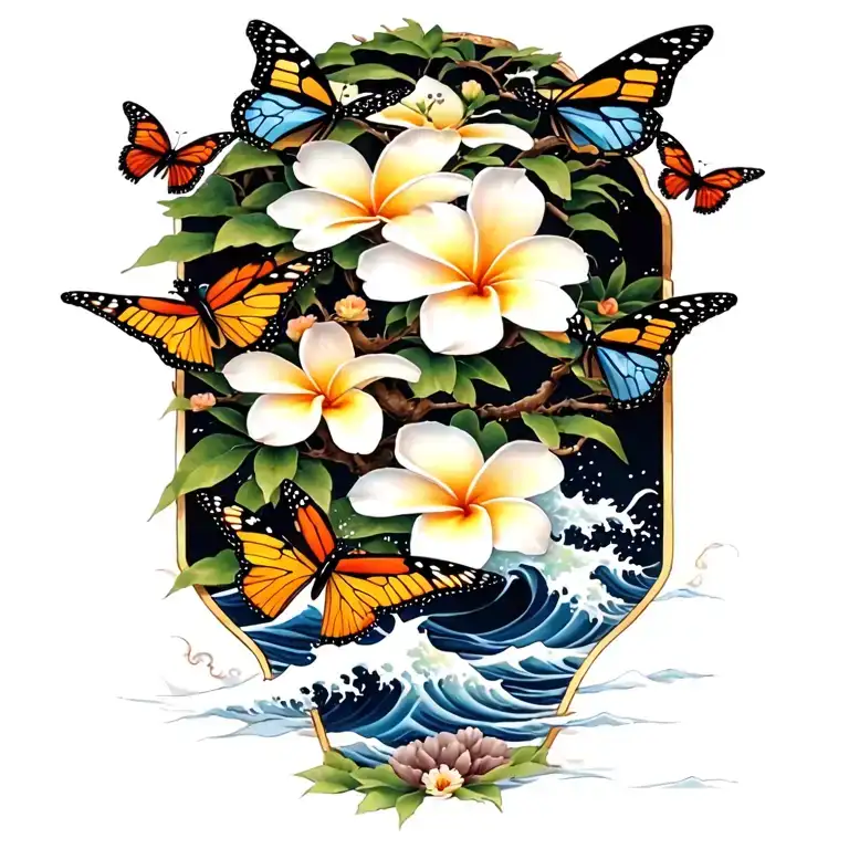 butterflies around a Frangipani tree with waves crashing tattoo design idea