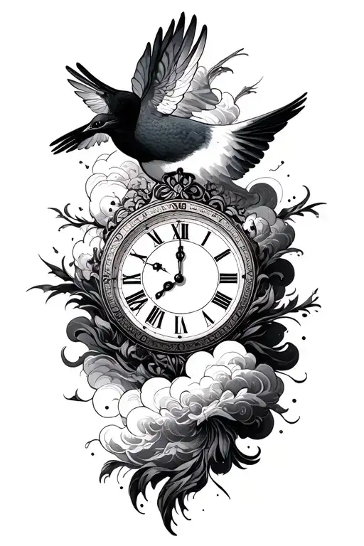 clock clouds dove tattoo design idea
