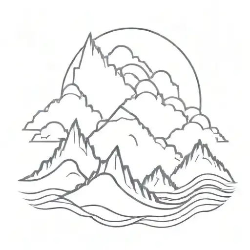 very thin lines mountains and ocean waves tattoo design idea
