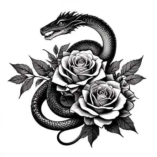 roses and basilisk snake intertwined tattoo design idea