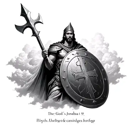 God’s Warrior on topSpartan with shield and spear in middleshield has cross on it Cloud background Joshua 1:9 on bottom tattoo design idea
