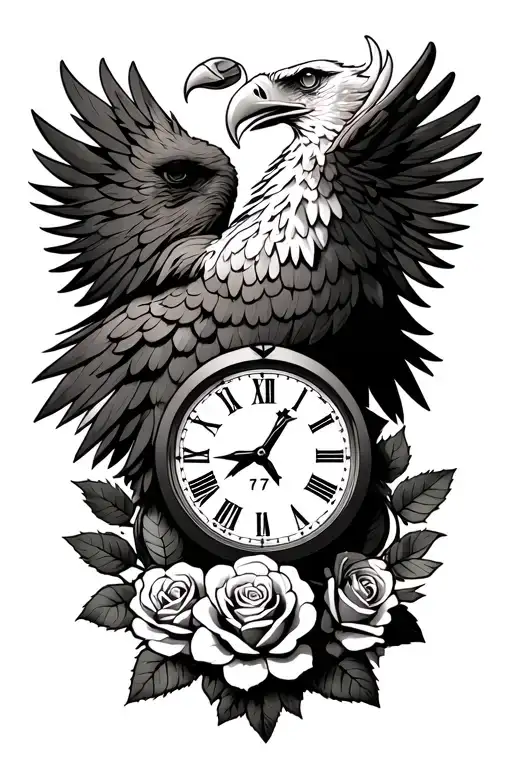 albanian 2 headed eagle with a clock and roses and the Roman numerals spelling out 1977 tattoo design idea
