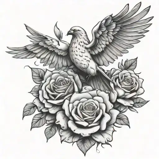 chicano style tattoo design for in the memory of someone with doves, roses, and roman numerals and hands with a necklace tattoo design idea