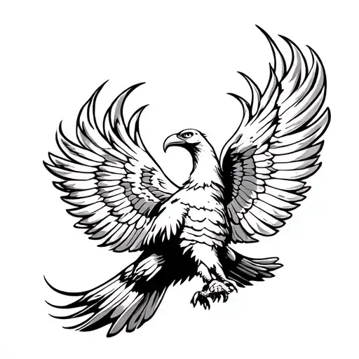 an eagle with outstretched wings, featuring realistic feather textures and flames at the tips of its wings tattoo design idea