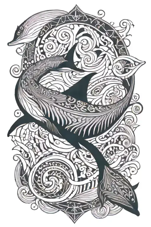 calm dwarf minke whale with underwater elements tattoo design idea