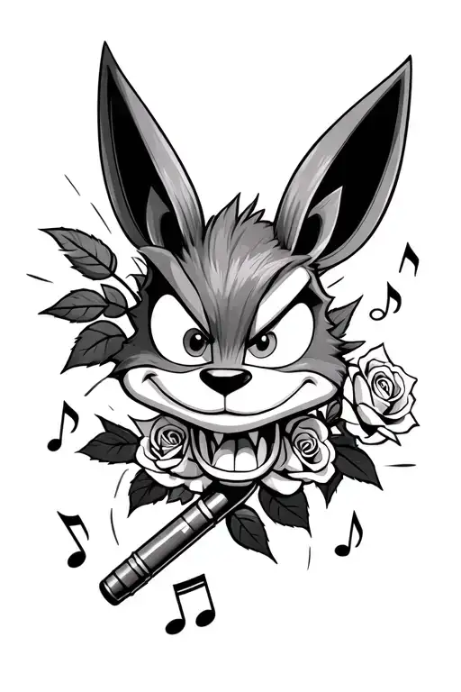 crash bandicoot with roses and a microphone surrounded by musical notes tattoo design idea