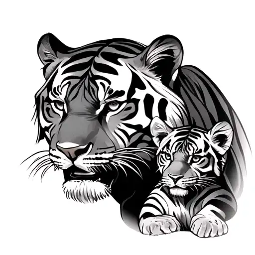 aroured tiger with cub in arms tattoo design idea