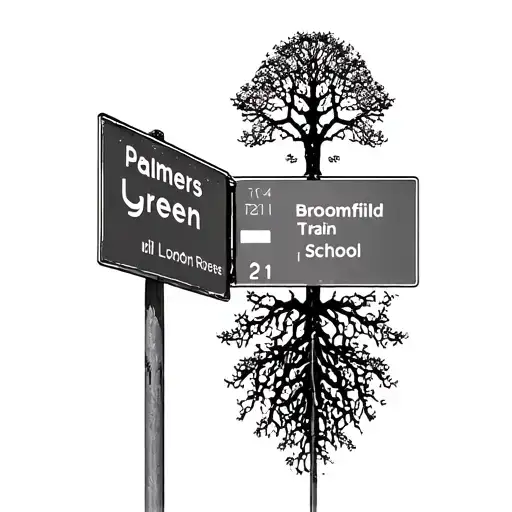 palmers green train sign + tree roots + 121 london bus + broomfield school tattoo design idea