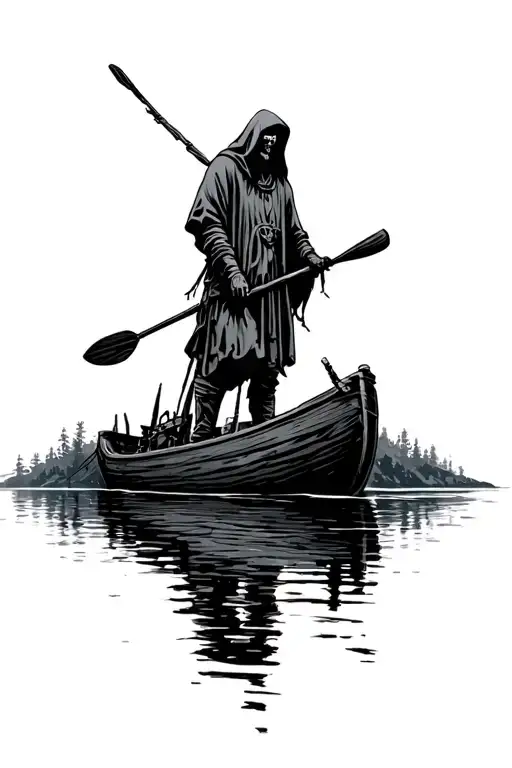 Styx river connecting life and death, ferry man silouette with long paddel and hood dark side is dangerous tattoo design idea