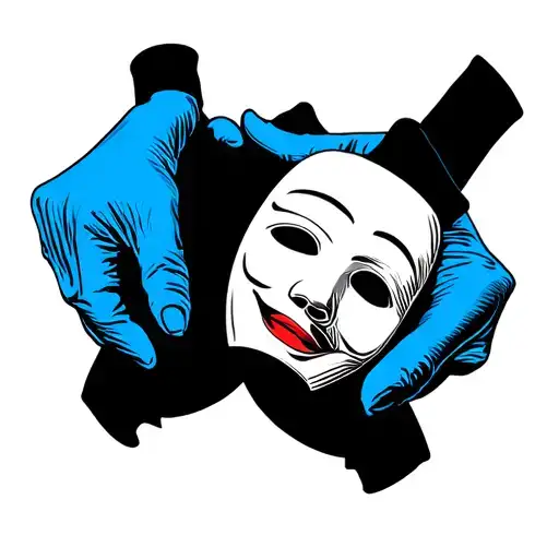 two blue gloves holding a mime mask in the middle of them tattoo design idea