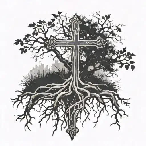 Christian cross, tree, roots tattoo design idea