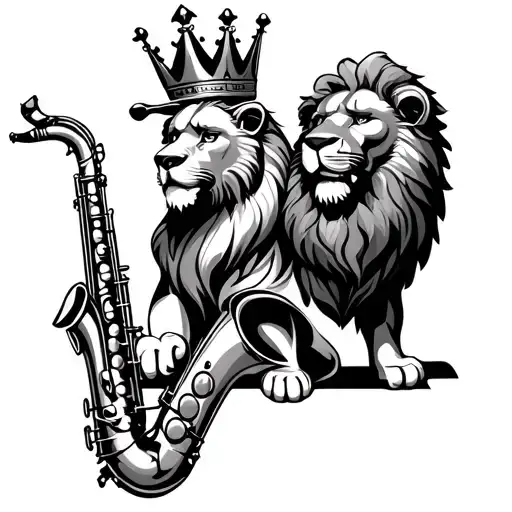 saxophone and lion wearing a crown tattoo design idea