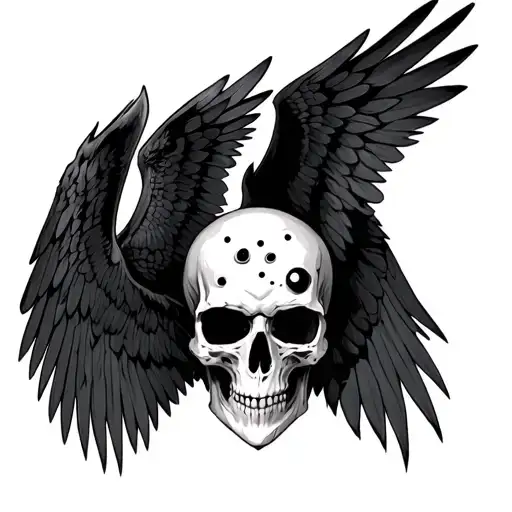 skull facing me with three bullet holes in the forehead area, raven wings coming out of the sides of the skull tattoo design idea