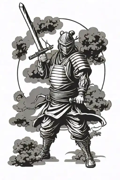 ronin holds a katana sword red moon in the background tattoo design idea