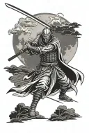 ronin holds a katana sword red moon in the background tattoo design idea