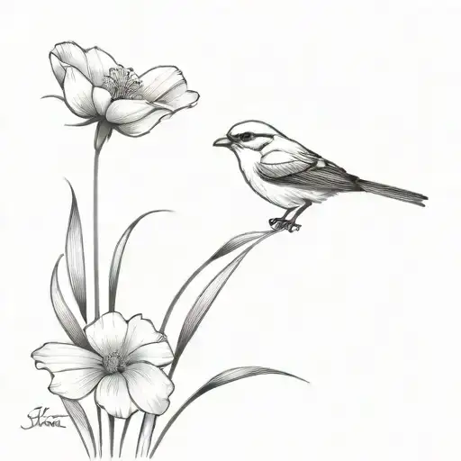 shrike bird flying away with violet flower tattoo design idea