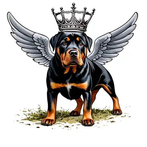 Rottweiler with wings at the top a crown tattoo design idea