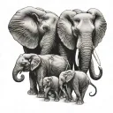 2 parent and 3 baby elephants holding trunks tattoo design idea