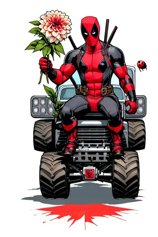 Deadpool on a monster truck holding a dahlia with a ladybug tattoo design idea