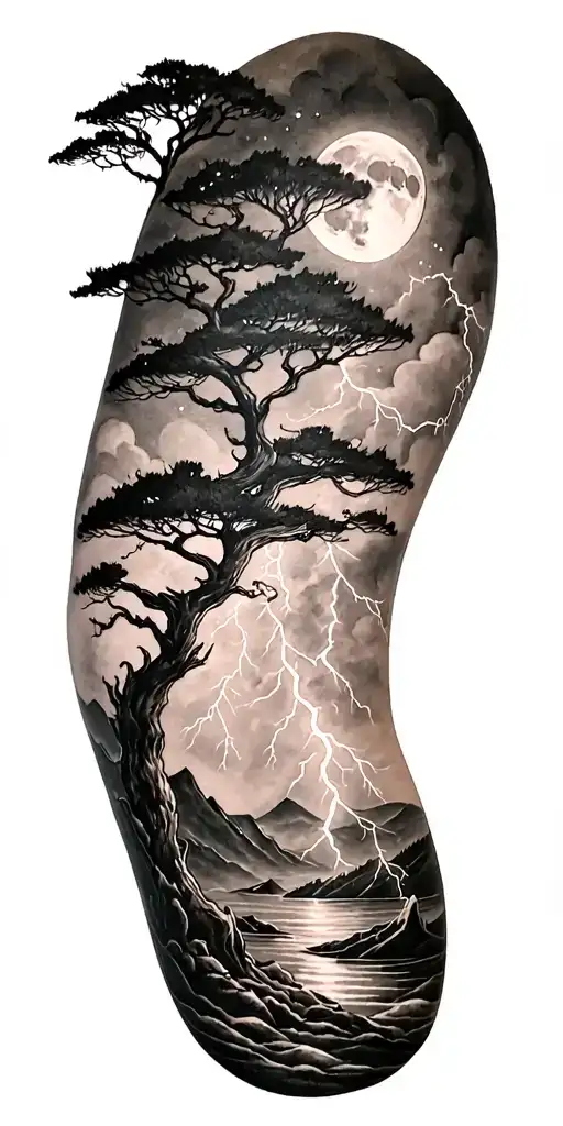 viking rume and moon and tree and lightning bolt tattoo design idea
