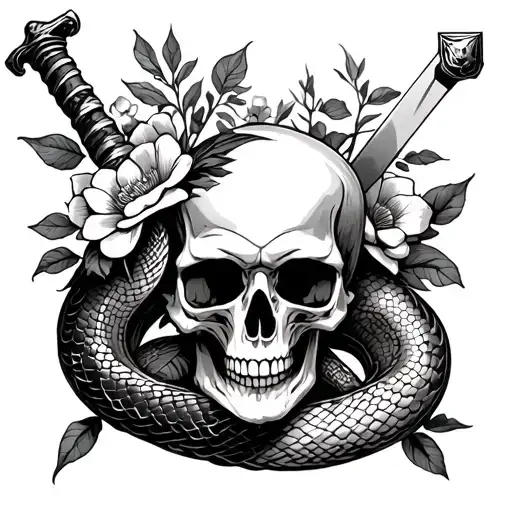skull with snake and sword and flowers tattoo design idea