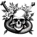 skull with snake and sword and flowers tattoo design idea