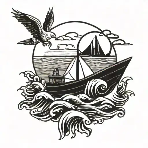 Bohemian style, Sun shining over the wavy sea, simple and delicate line. Over the back a tiny boat is seen. tattoo design idea