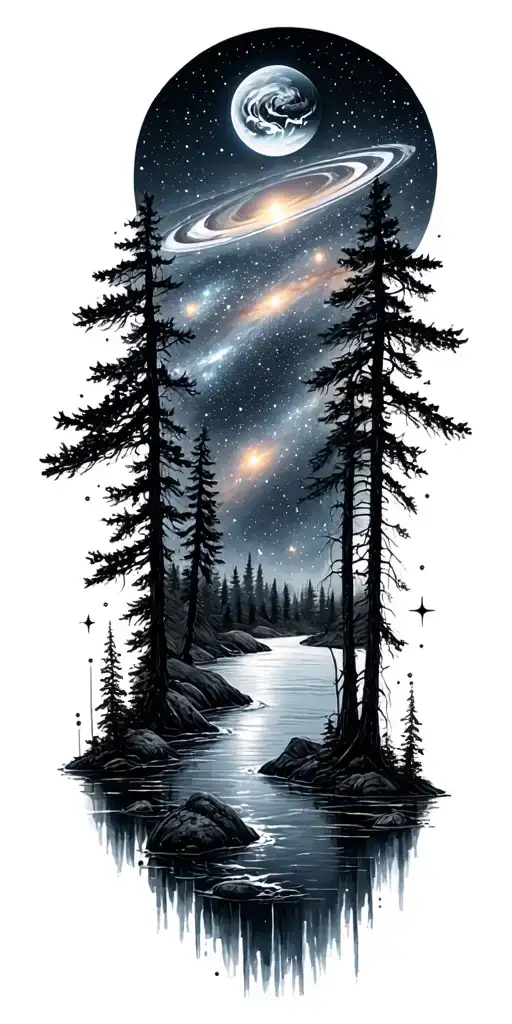 galaxies space stars forest river tattoo design idea