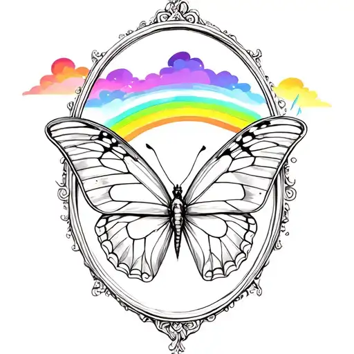 Butterfly with rainbow cloud encased in mirror tattoo design idea