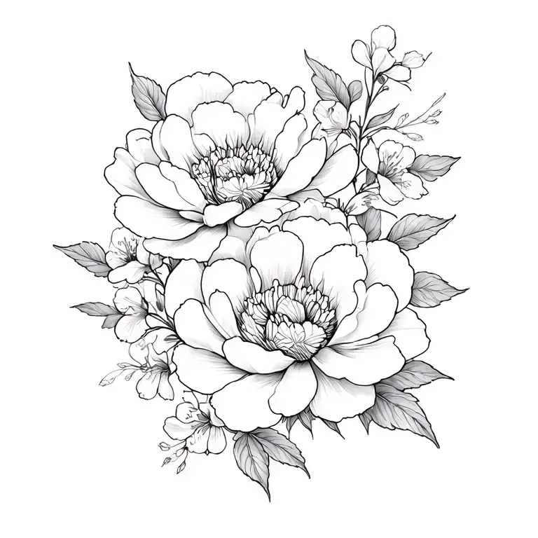 Detailed black and grey floral tattoo featuring large blooming peonies and cherry blossoms intertwined with delicate lea tattoo design idea