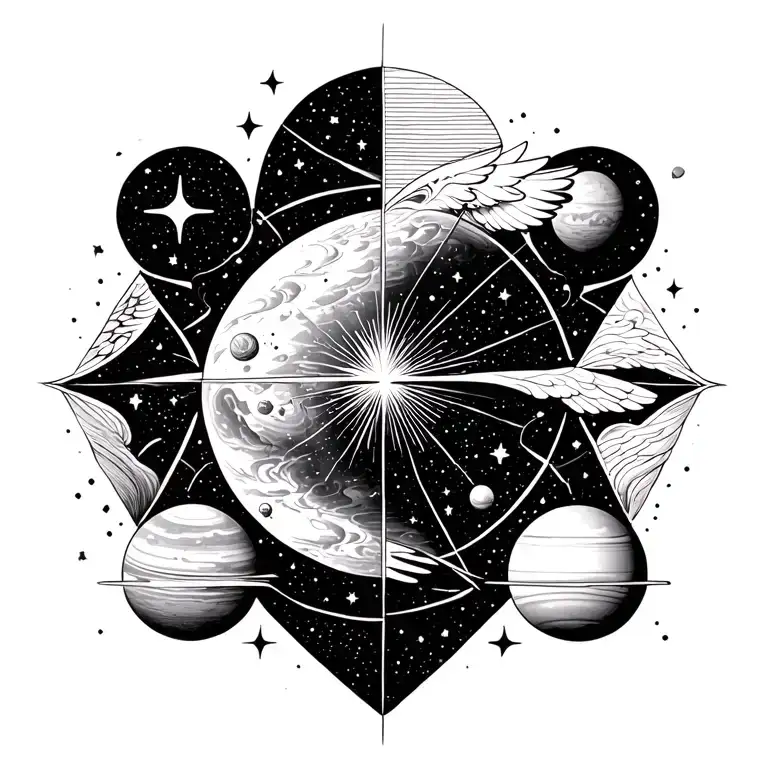 galaxy with angelic stars and planets around it e croce in mezzo alla galassia tattoo design idea