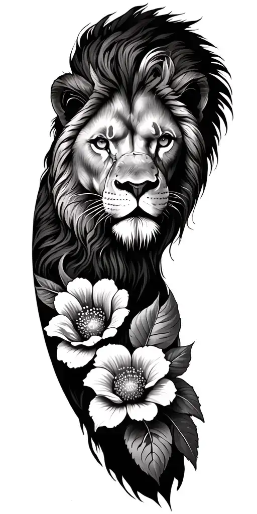 sleeve tattoo flowers and lion has to look manly tattoo design idea