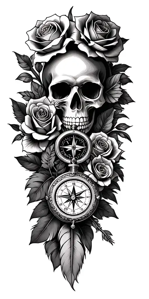 skull, roses, compass, pocket watch, 3 dates for children, feather tattoo design idea