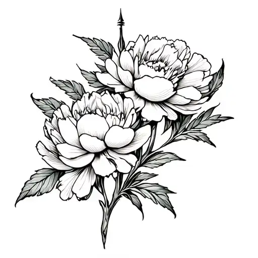 peonies, long arrowhead, fishing wire,  tattoo design idea