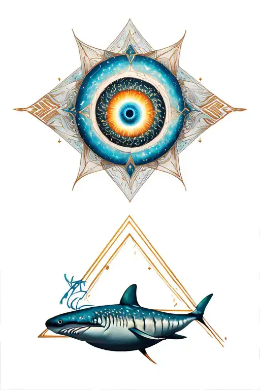 Lemurian starseed tattoo with spiral, whale shark markings, Pleiadian star cluster, triangle with third eye" tattoo design idea