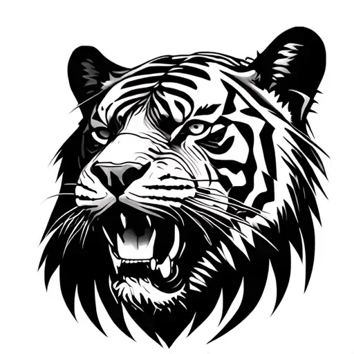 saber-toothed tiger, looking straight ahead, detailed tattoo design idea