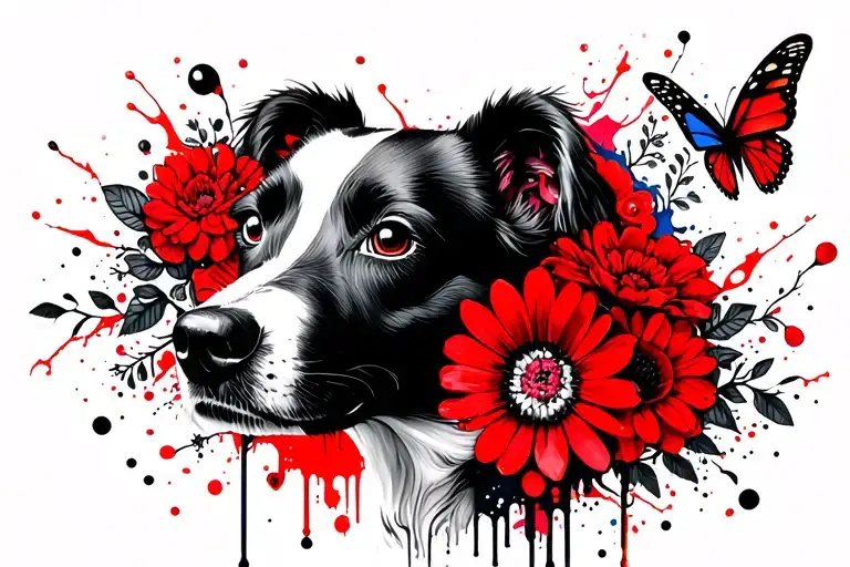 head of a dog with flowers and butterflies tattoo design idea