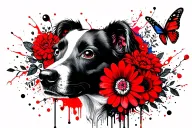 head of a dog with flowers and butterflies tattoo design idea