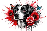 head of a dog with flowers and butterflies tattoo design idea
