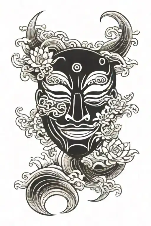 a japanese mask with waves and lotus flowers tattoo design idea
