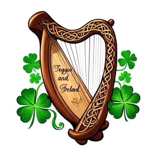 shamrocks and Celtic knots intertwined into a Irish Celtic harp engraved into the wood the names Teagan and Ireland  tattoo design idea