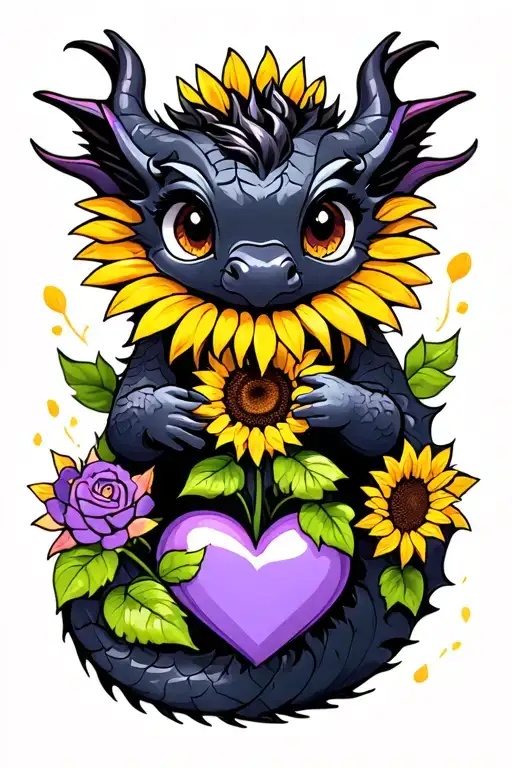 cute black dragon holding onto purple heart sunflower growing tattoo design idea
